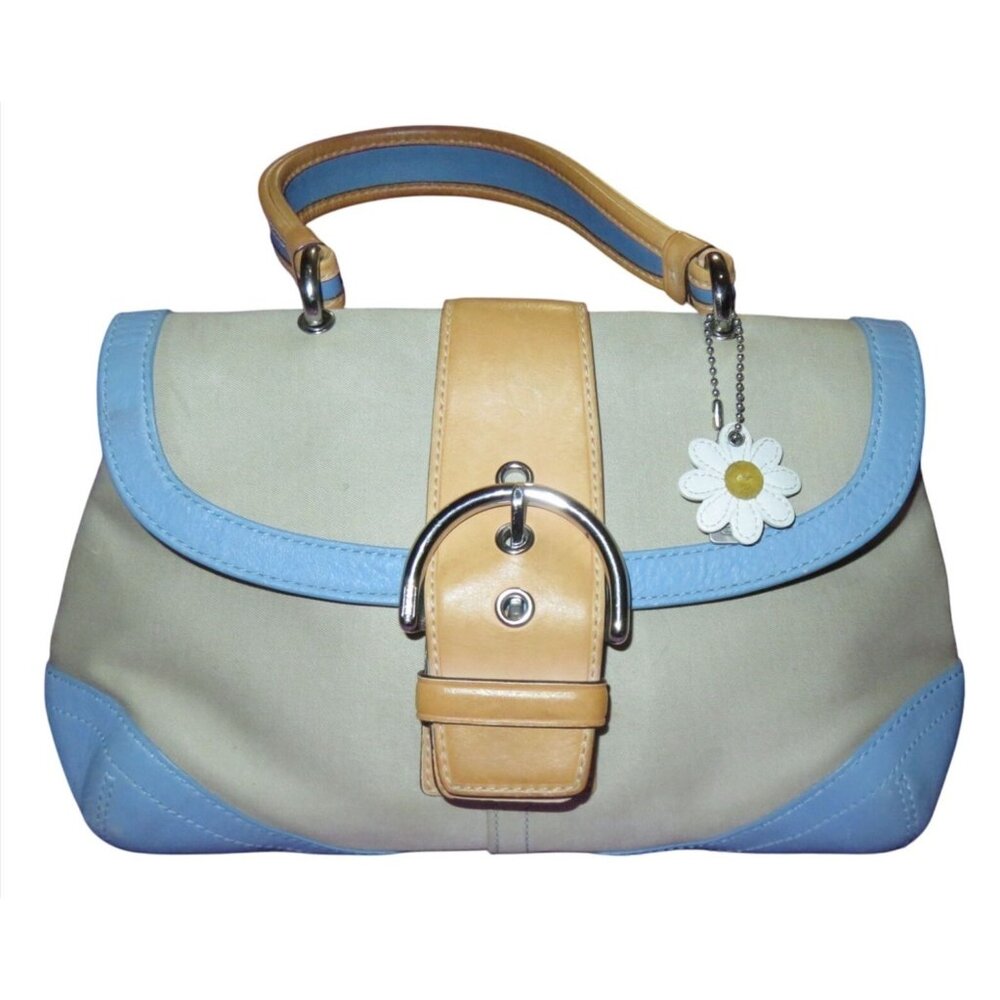 Coach 2004 Daisy Flap Hampton Cream Sateen & Blue and Tan Vachetta Leather